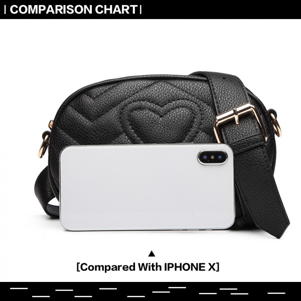 LH6834 - Miss Lulu Quilted Heart and Chevron Cross Body and Bum Bag - Black